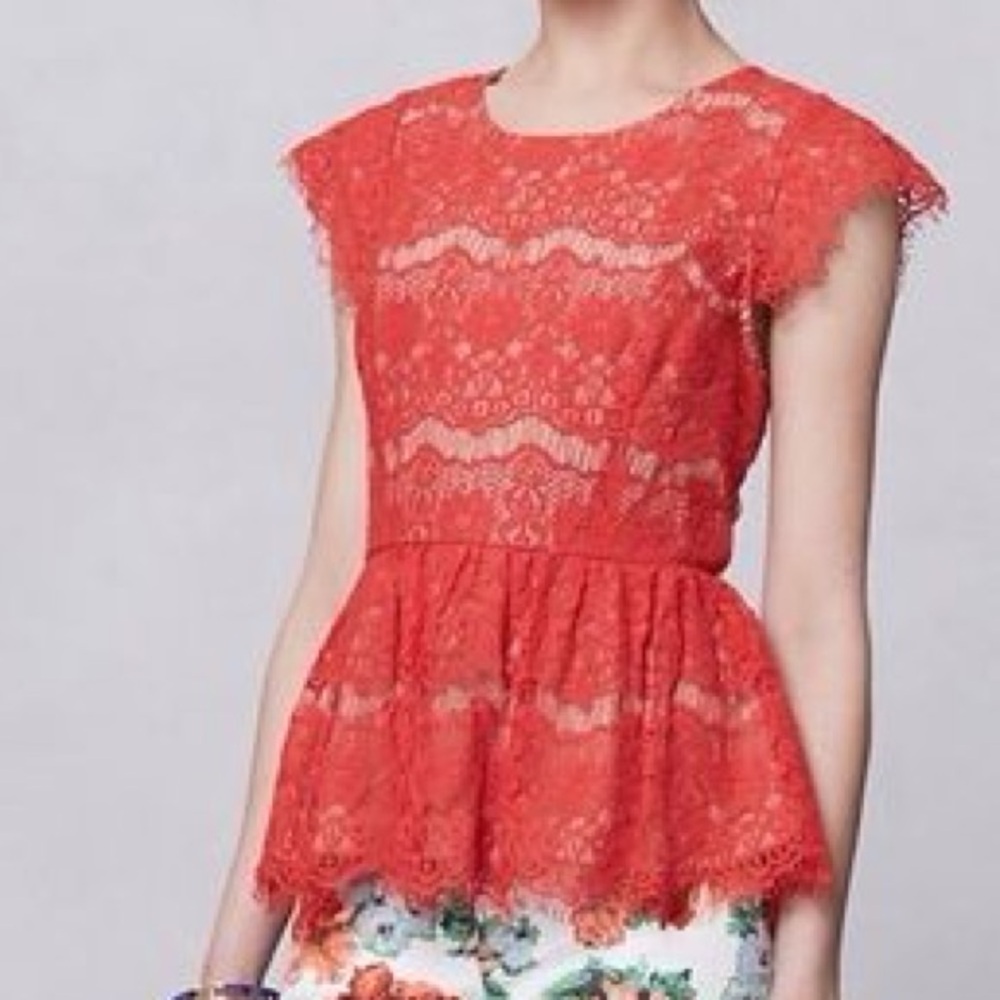 Anthropologie Coral Lace Peplum Top